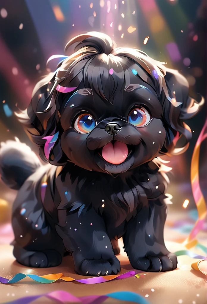 a black shih tzu puppy with beautiful detailed blue eyes, curling up in the air, surrounded by colorful ribbons and star shaped particles, falling through the air, lying on back spreading arms and legs wide, close up happily expression toward the viewer, smoke screen, speed lines, dynamic motion blur, dynamic action scenes, 3d pixar style, pop art, ultra-detailed, best quality, 8k, photorealistic, hyper detailed, studio lighting, vibrant colors, neon colors, glowing, ethereal, whimsical, magical