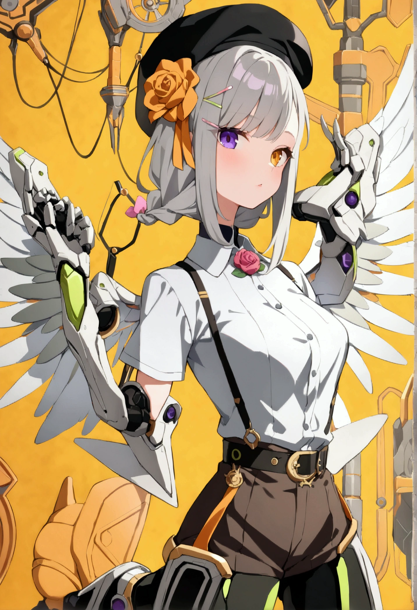woman 165cm tall, (whole body: 1.5), slim build, , charming look, ((heterocromia: ojo right naranja y ojo izquierdo violeta)), (Shoulder Length Wavy Gray Hair, short braid on the left side of the hair: 1.2, big open bangs, golden gear hairpin on the left side of the hair), (((complex mechanical legs up to the hip, The legs are black with gray parts and small pink details))), (((complex mechanical arms up to the elbows, The arms are black with gray parts and small pink details))), ((complex white mechanical angel wings with pastel green parts)), (elegant black French beret, orange rose ribbon on the beret: 1.2), (stylish white short sleeve button down shirt, dark brown shorts with straps from the waist, elegant black belt, small rose brooch on shirt collar, beautiful mechanical stilettos), (((full body character design sheet: vista 3/4))), ((Pastel yellow background)), extremely detailed hair, beautiful detailed clothing, extremely detailed arms, extremely detailed face, (Extremely detailed hands), perfect hands, beautiful detailed eyes, beautiful detailed lips, adorable, extremely detailed legs, (Best Quality, 8k, ultra resolution), ultra detailed, Exquisite and epic character art, (Focus on symmetry), (extremely detailed wings), (body position: standing, right, symmetrical), looking at the viewer, small face.