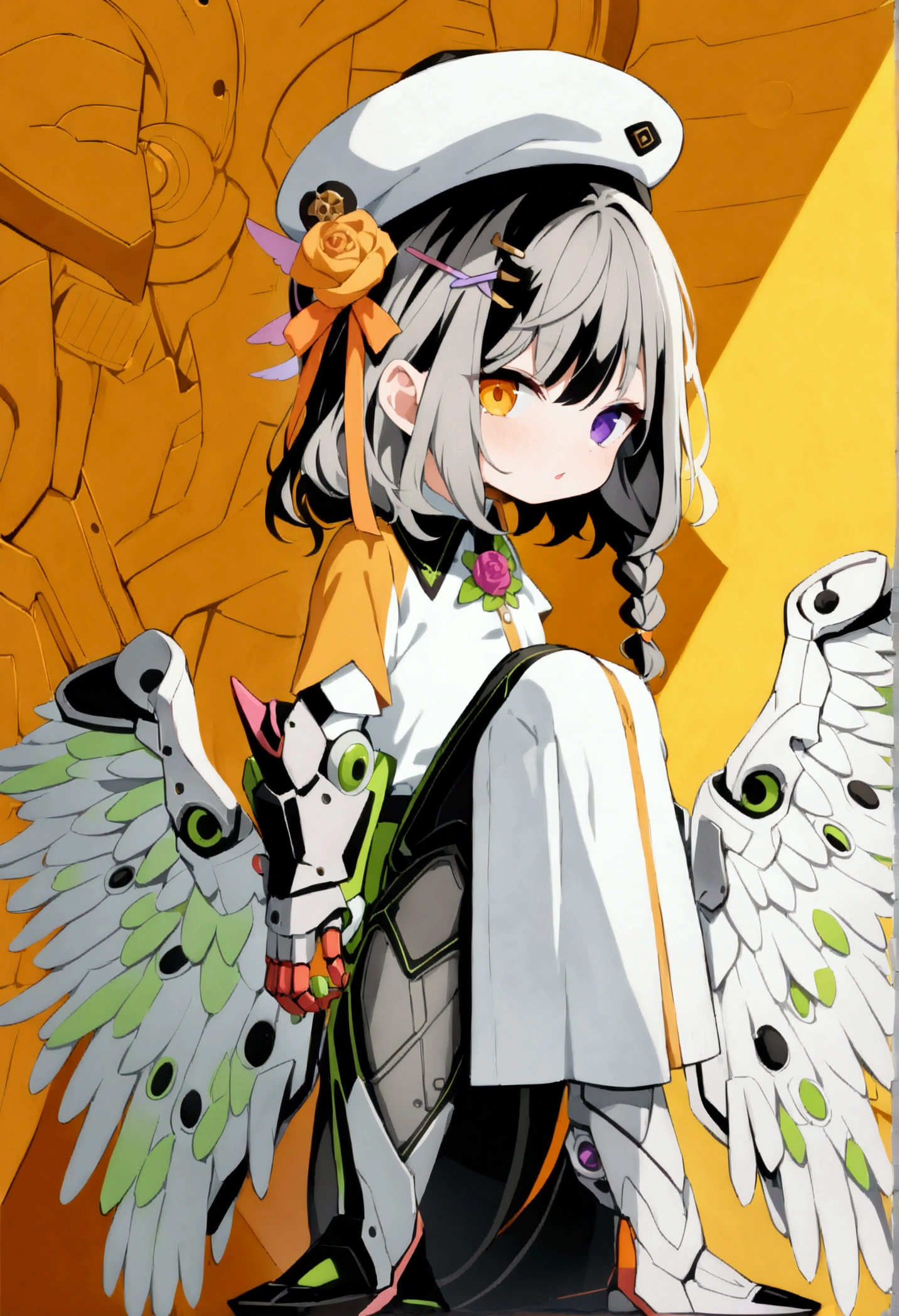 woman 165cm tall, (whole body: 1.5), slim build, , charming look, ((heterocromia: ojo right naranja y ojo izquierdo violeta)), (Shoulder Length Wavy Gray Hair, short braid on the left side of the hair: 1.2, big open bangs, golden gear hairpin on the left side of the hair), (((complex mechanical legs up to the hip, The legs are black with gray parts and small pink details))), (((complex mechanical arms up to the elbows, The arms are black with gray parts and small pink details))), ((complex white mechanical angel wings with pastel green parts)), (elegant black French beret, orange rose ribbon on the beret: 1.2), (stylish white short sleeve button down shirt, dark brown shorts with straps from the waist, elegant black belt, small rose brooch on shirt collar, beautiful mechanical stilettos), (((full body character design sheet: vista 3/4))), ((Pastel yellow background)), extremely detailed hair, beautiful detailed clothing, extremely detailed arms, extremely detailed face, (Extremely detailed hands), perfect hands, beautiful detailed eyes, beautiful detailed lips, adorable, extremely detailed legs, (Best Quality, 8k, ultra resolution), ultra detailed, Exquisite and epic character art, (Focus on symmetry), (extremely detailed wings), (body position: standing, right, symmetrical), looking at the viewer, small face.