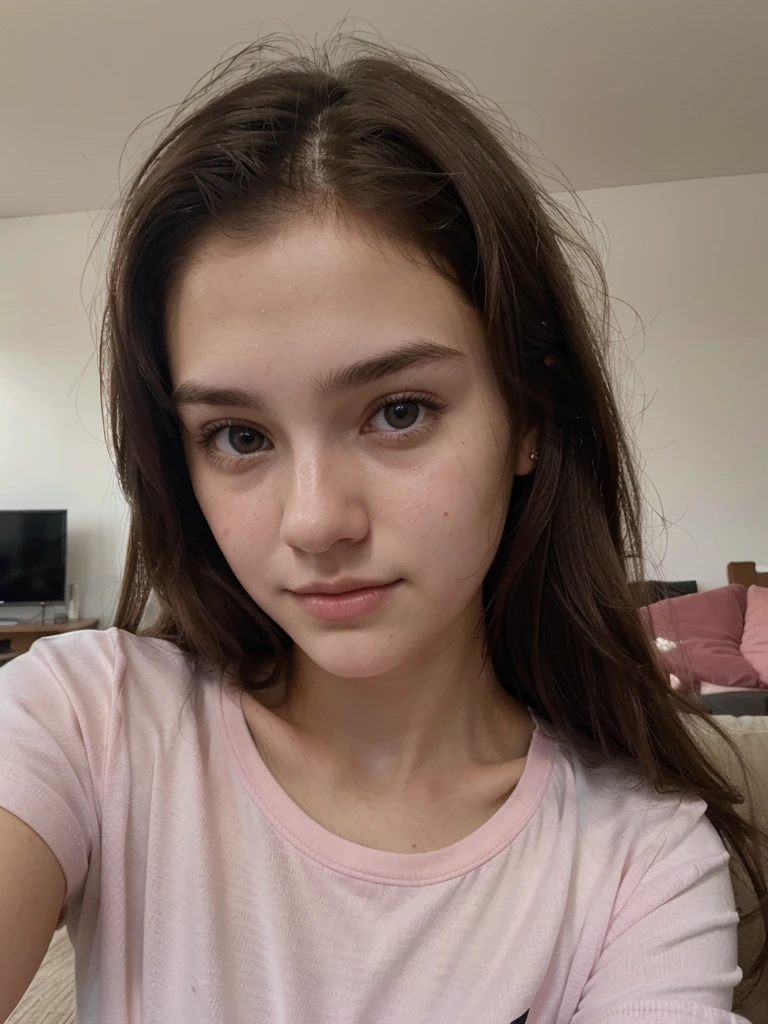 Selfie, Ultrarealistic, 17 year old teen girl, pretty face, white skin, dark brown hair, wearing a pink tshirt, upper body, (selfy with front camera), in living room
