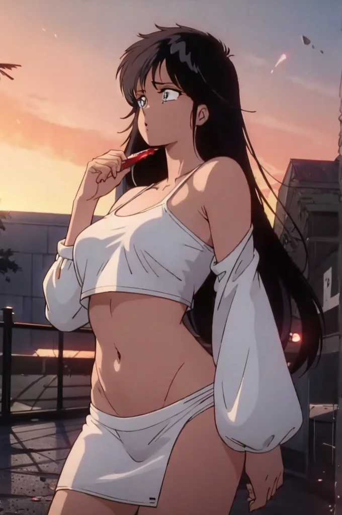 masterpiece, Highest quality, View your viewers, In-person audience, barefoot, One girl, alone, Upper Body, bow, Seraphim, Disgusted face, at night, heavy rain, Outdoor, city, Crop top, belly button, Wet clothes, drenched, overly too long sleeves, Put your hands in your sleeves, Tears of Blood, Bloodstain, Dark Alley, Blood splattered on the ground, Red bright light, Glowing Eyes, Depth of written boundary,Holding a knife,Red Sky, atmosphere,Perfect hands