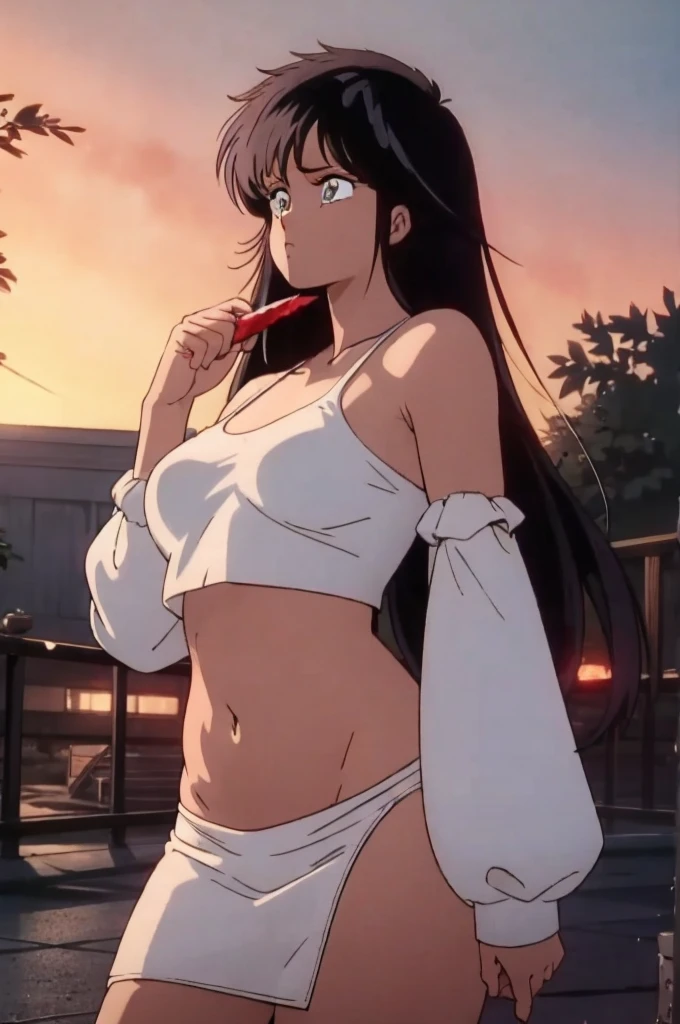 masterpiece, Highest quality, View your viewers, In-person audience, barefoot, One girl, alone, Upper Body, bow, Seraphim, Disgusted face, at night, heavy rain, Outdoor, city, Crop top, belly button, Wet clothes, drenched, overly too long sleeves, Put your hands in your sleeves, Tears of Blood, Bloodstain, Dark Alley, Blood splattered on the ground, Red bright light, Glowing Eyes, Depth of written boundary,Holding a knife,Red Sky, atmosphere,Perfect hands