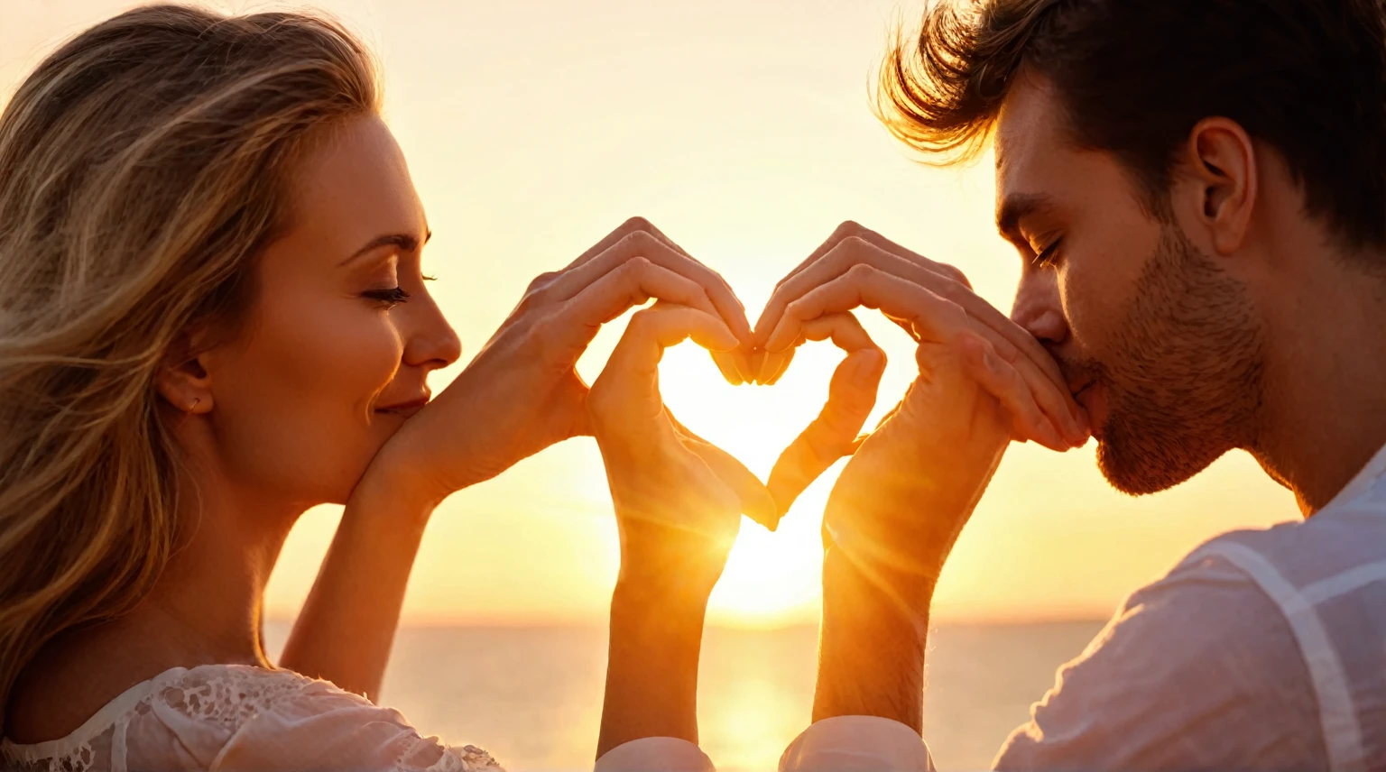 there is a man and woman making a heart shape with their hands, love is begin of all, man and woman in love, shutterstock, uploaded, by Jakob Gauermann, half image, by Thomas Häfner, by Niko Henrichon, romance, dlsr photo, love is infinity, stock photo, photo still, gorgeous romantic sunset