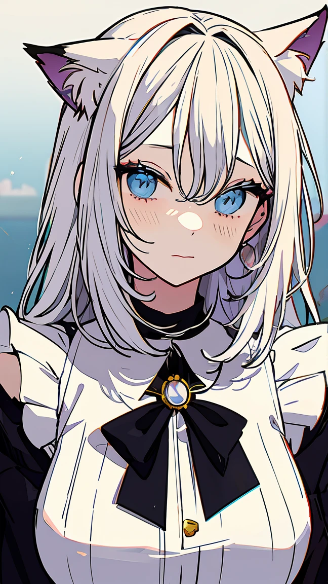 white hair, blue eyes, oversized shirt, large chest, lamia、Painting of a lamia woman with cat ears, anime moe art style, an anime drawing, anime style portrait, an anime girlのポートレート, Anime Paintings, anime style drawing, anime sketch, an anime girlのポートレート, anime portrait, an anime girl,  Anime Girl, Anime shading), Anime shading, comic drawing
