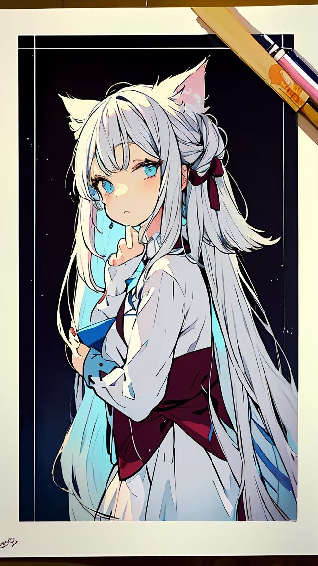 white hair, blue eyes, oversized shirt, large chest, lamia、Painting of a lamia woman with cat ears, anime moe art style, an anime drawing, anime style portrait, an anime girlのポートレート, Anime Paintings, anime style drawing, anime sketch, an anime girlのポートレート, anime portrait, an anime girl, Anime Girl, Anime shading), Anime shading, comic drawing