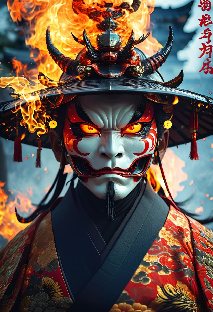 A Japanese demon god with a Japanese hat and samuray eyes of fire, in error form, bug texture, informatica, hack, matrix, (((you can't see his face))), green matrix numbers background