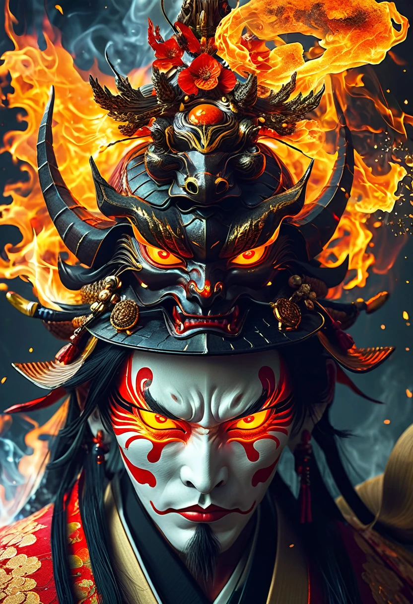 A Japanese demon god with a Japanese hat and samuray eyes of fire, in error form, bug texture, informatica, hack, matrix, (((you can't see his face))), green matrix numbers background