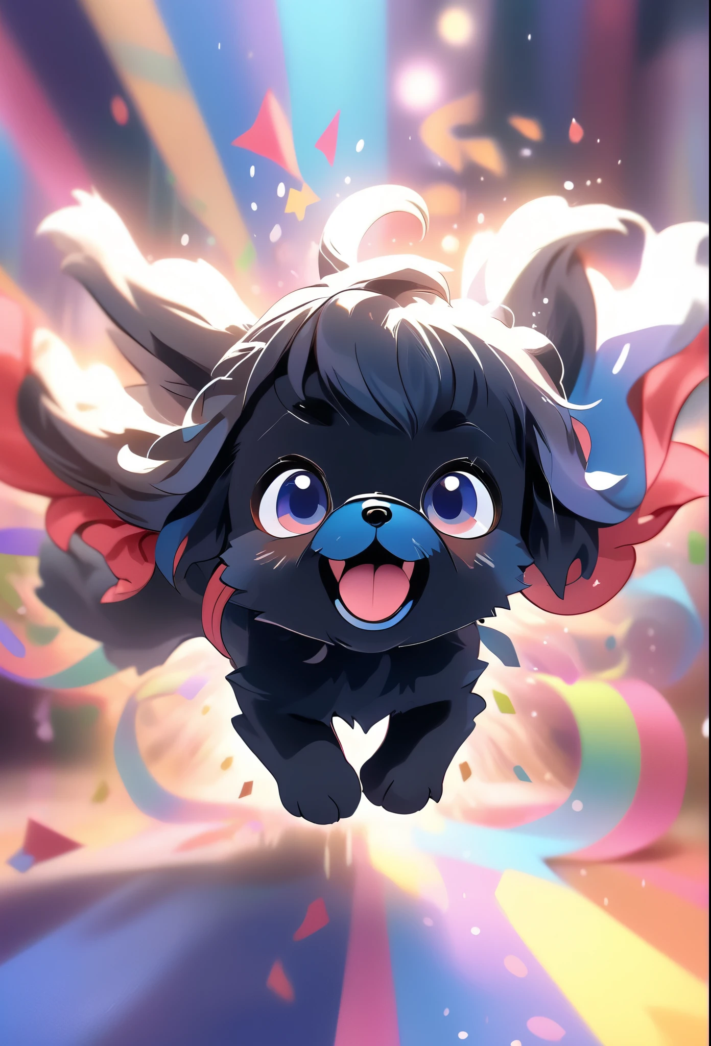Ultra-small deformation,pop art, (from above), A black Shih Tzu puppy with blue eyes is curling up in the air, surrounded colorful ribbons and particles shaped star, falling through the air, lie on back spreading arms and legs wide, close up happily expression toward the viewer, smoke screen, speed line, Dynamic Motion Blur, Dynamic action scenes 3D Pixar style