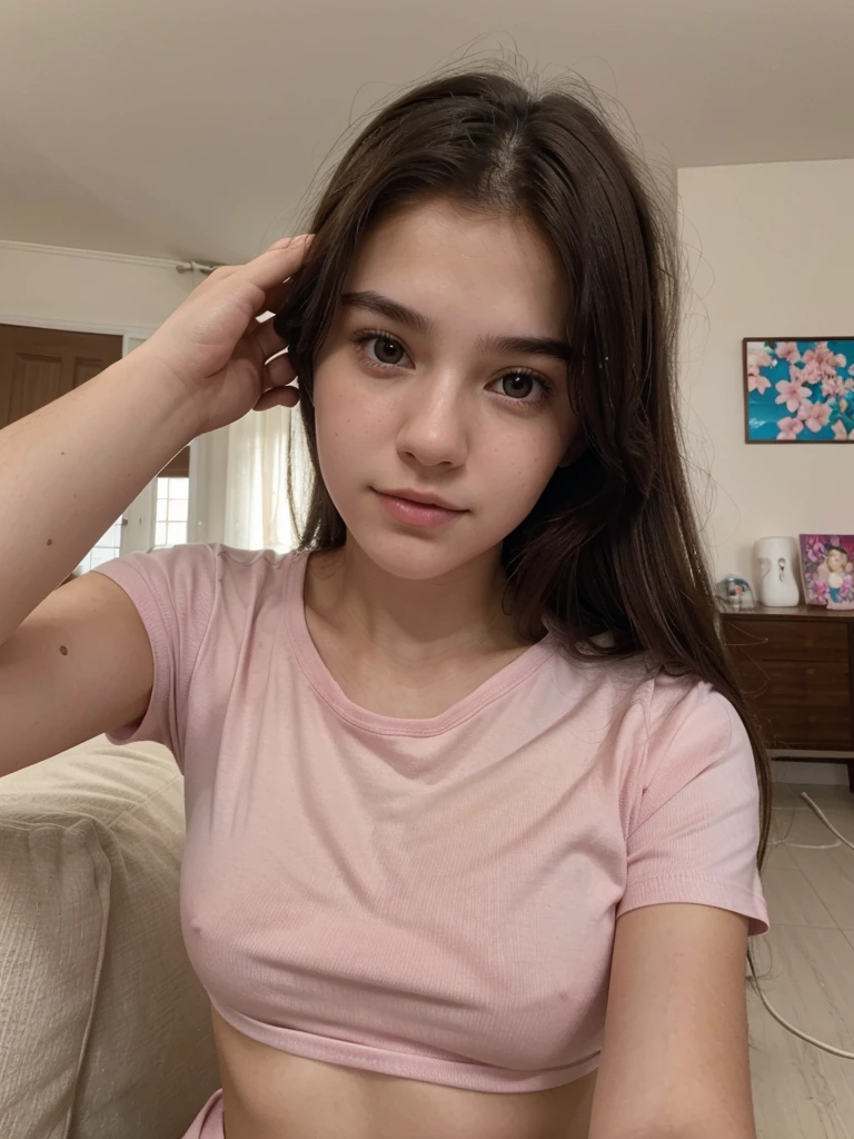 Selfie, Ultrarealistic, 17 year old girl, pretty face, white skin, dark brown hair, wearing a pink tshirt, upper body, (selfy with front camera), in living room