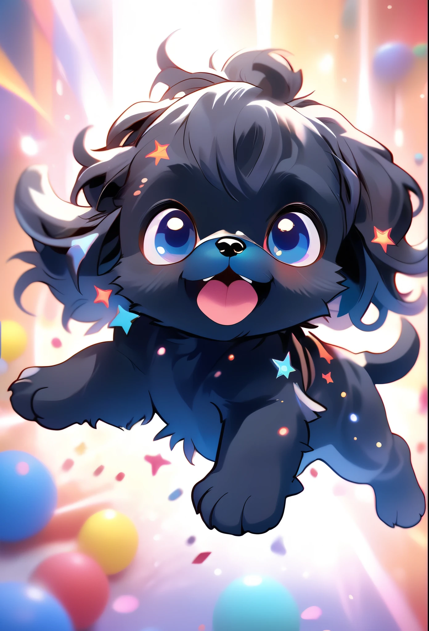 Ultra-small deformation,pop art, (from above), A black Shih Tzu puppy with blue eyes is curling up in the air, surrounded colorful ribbons and particles shaped star, falling through the air, lie on back spreading arms and legs wide, close up happily expression toward the viewer, smoke screen, speed line, Dynamic Motion Blur, Dynamic action scenes 3D Pixar style