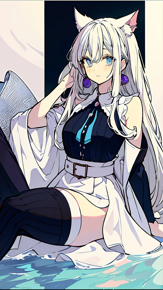 white hair, blue eyes, oversized shirt, large chest, lamia、Painting of a lamia woman with cat ears, anime moe art style, an anime drawing, anime style portrait, an anime girlのポートレート, Anime Paintings, anime style drawing, anime sketch, an anime girlのポートレート, anime portrait, an anime girl, Anime Girl, Anime shading), Anime shading, comic drawing, full body
