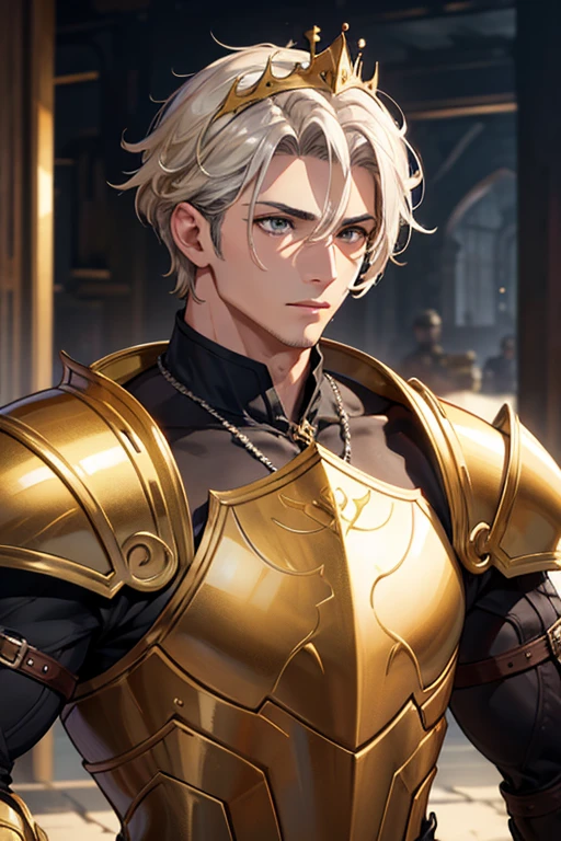 Realistic HD 4k. Male men, Masculino, Strong Body, short hair, blonde golden crown, Armor Silver.