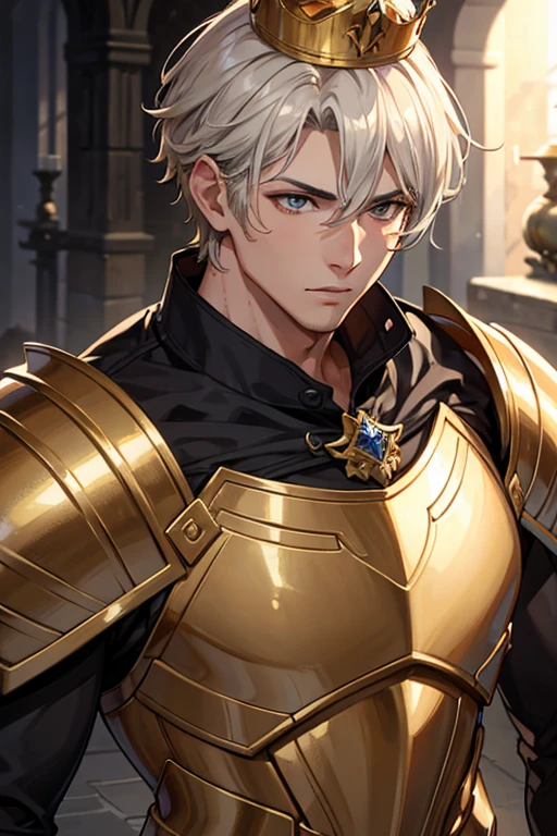 Realistic HD 4k. Male men, Masculino, Strong Body, short hair, blonde golden crown, Armor Silver.