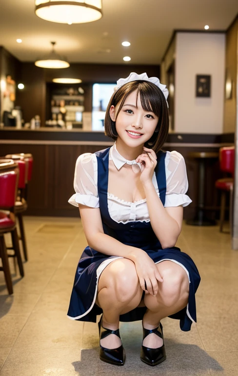 (An intellectual & beautiful A.I. assistant with a sky-blue maid outfit, arriving at Hill Valley in AD1955, squatting beside Lou's Cafe, ready to assist Marty Mcfly. She has a friendly body language, kind smile, positive vibes, full body shot, wearing high heels, red ribbon collar, long dress, short bob hair, squatting pose, family-friendly, masterpiece, bokeh background,(best quality,4k,8k,highres,masterpiece:1.2),ultra-detailed,(realistic,photorealistic,photo-realistic:1.37),detailed facial features,beautiful detailed eyes,beautiful detailed lips,extremely detailed face,longeyelashes,maid uniform,maid cafe interior,studio lighting,vivid colors,warm lighting) #CiciAi #BTTF #DeLorean #TimeMachine