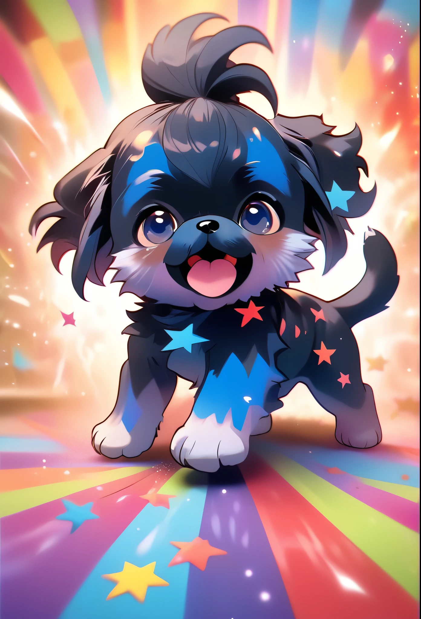 Ultra-small deformation,pop art, (from above), A black Shih Tzu puppy with blue eyes is curling up in the air, surrounded colorful ribbons and particles shaped star, falling through the air, lie on back spreading arms and legs wide, close up happily expression toward the viewer, smoke screen, speed line, Dynamic Motion Blur, Dynamic action scenes 3D Pixar style
