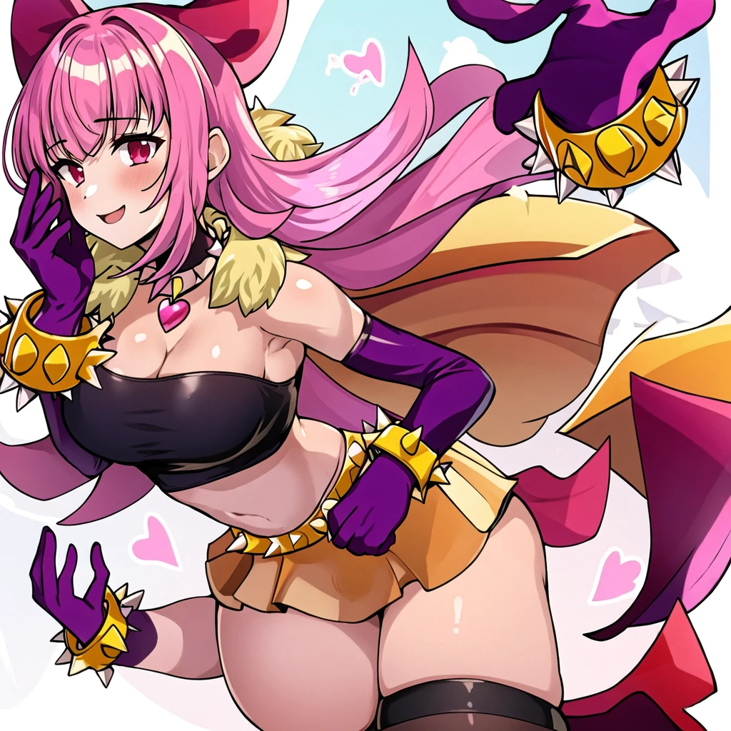 (masterpiece, Best quality:1.2), 1 girl, One, Melodies, fur shoulder pads, with spikes, bracelet, black thigh high, pink hair, orange skirt, purple gloves, purple elbow, gloves, red bow, Crop top, pink hair, mini skirt, thigh high, black Crop top, black, necklace, Navel, heart, BIG ASS