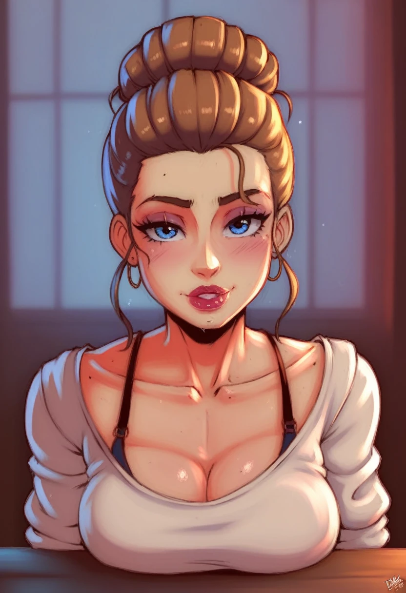 portrait photo of BrittBaker beautiful woman hair updo upsweep nightclub sitting at bar (masterpiece) (best quality) (detailed) (8k) (HDR) (wallpaper) (cinematic lighting) (sharp focus) (intricate)