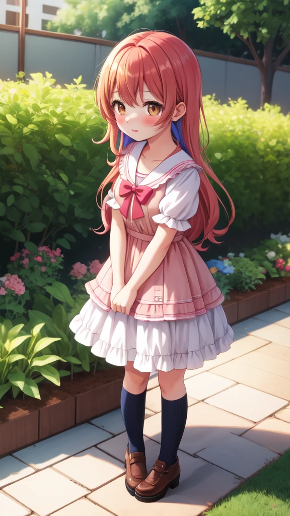 mikofuku 1girl, [blonde | redhead | (blue hair:1.2)], garden