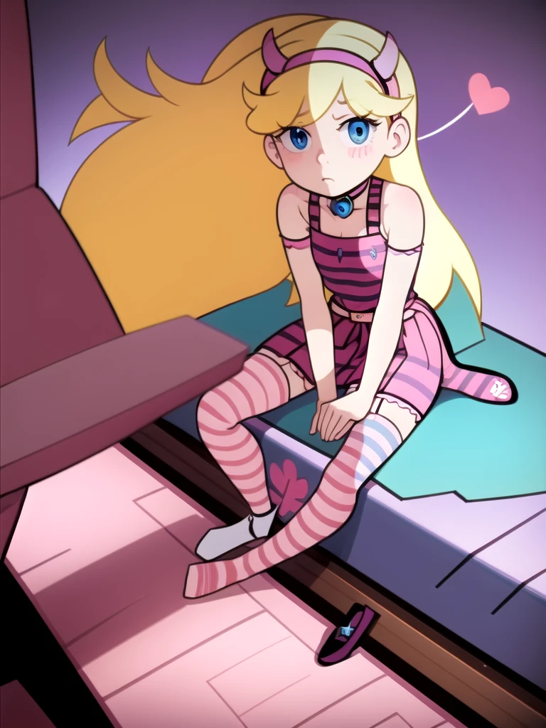 NSFW, 1 girl, star butterfly, blue eyes, blondie hair, long hair, wearing striped panty, horn hairband, lovehotel room background, pink stocking, pink garterbelt, sitting at bed