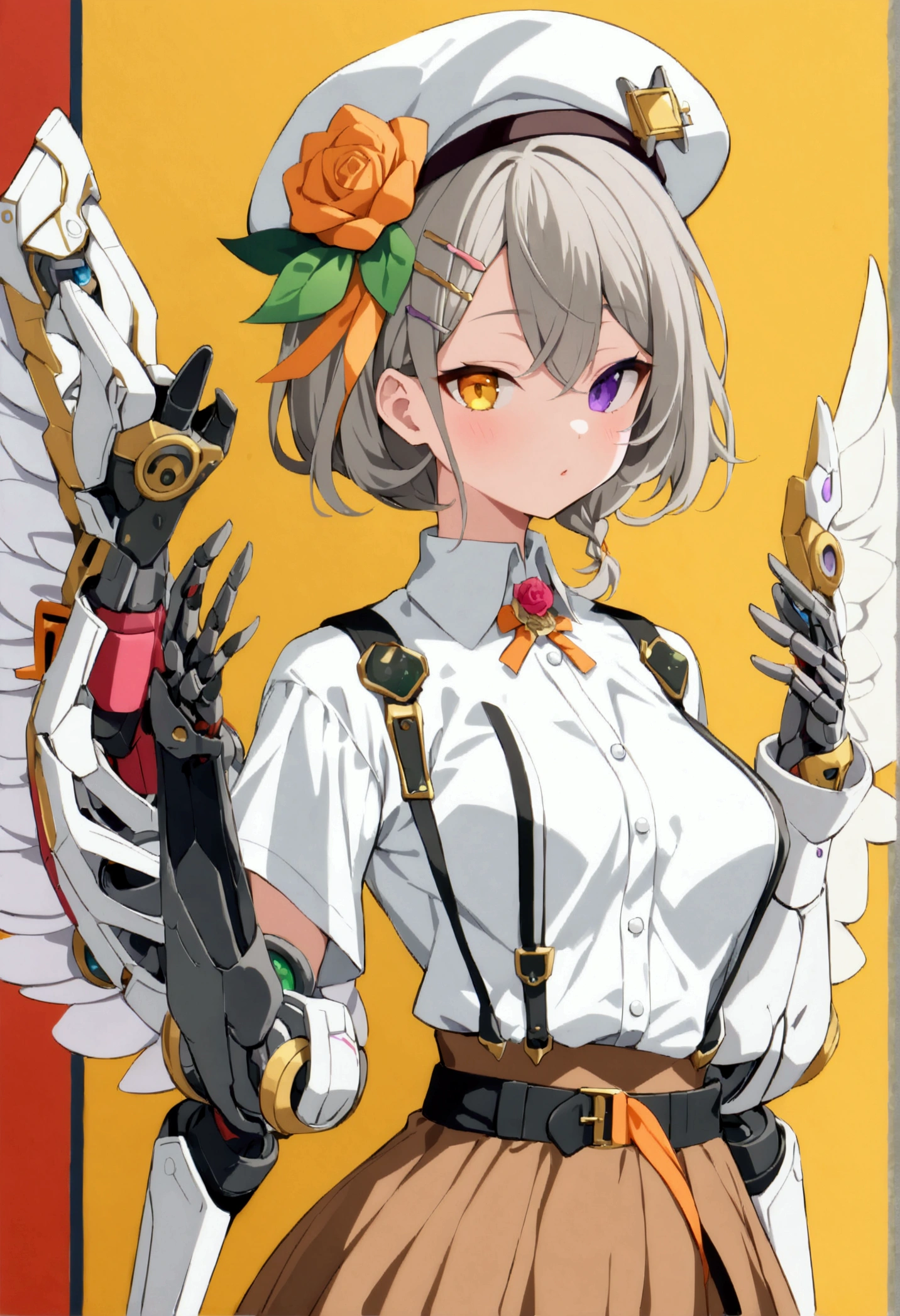 woman 165cm tall, (whole body: 1.5), slim build, , charming look, ((heterocromia: ojo right naranja y ojo izquierdo violeta)), (Shoulder Length Wavy Gray Hair, short braid on the left side of the hair: 1.2, big open bangs, golden gear hairpin on the left side of the hair), (((complex mechanical legs up to the hip, The legs are black with gray parts and small pink details))), (((complex mechanical arms up to the elbows, The arms are black with gray parts and small pink details))), ((complex white mechanical angel wings with pastel green parts)), (elegant black French beret, orange rose ribbon on the beret: 1.2), (stylish white short sleeve button down shirt, dark brown shorts with straps from the waist, elegant black belt, small rose brooch on shirt collar, beautiful mechanical stilettos), (((full body character design sheet: vista 3/4))), ((Pastel yellow background)), extremely detailed hair, beautiful detailed clothing, extremely detailed arms, extremely detailed face, (Extremely detailed hands), perfect hands, beautiful detailed eyes, beautiful detailed lips, adorable, extremely detailed legs, (Best Quality, 8k, ultra resolution), ultra detailed, Exquisite and epic character art, (Focus on symmetry), (extremely detailed wings), (body position: standing, right, symmetrical), looking at the viewer, small face.