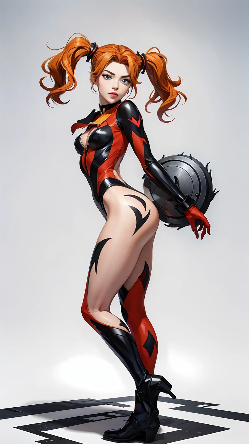 ((Full body photo, standing, feet on the floor)) Harley Quinn, sexy woman, segurando um taco de beisebol , DC Comics,Small,harlequin costume, red and black, dressed in a red and black harlequin costume, he has his big hammer in his hand, red hearts letter, joker card, young, super skynny body, Small and beautiful buttocks, toned abdomen, small and beautiful breasts, gloves, Boots, pose sexy, malevolent, obscene, powerful, super sensual, whole body, Dramatic background, In the background is Arkham Asylum on fire, apocalyptic atmosphere, joker, sensual look, beautiful blue eyes, classic two pigtails hairstyle,Hair dyed in bright blonde color, Best quality,4k,8K,A high resolution,Masterpiece,Ultra detailed,realistic, photorealistic,photo realistic
