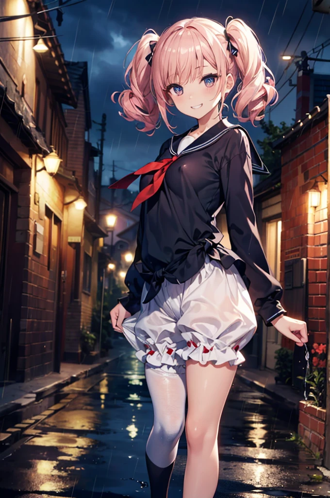 (masterpiece), 4K,woman,Long sleeve sailor suit,Tied up hairstyle,Small breasts,Small Ass,Curly Twin Tails,Bulb Light, Realistic, skinny, Grin,Long nipples,Areola,,good,((,Knee-length bloomers)),Are standing,rain,