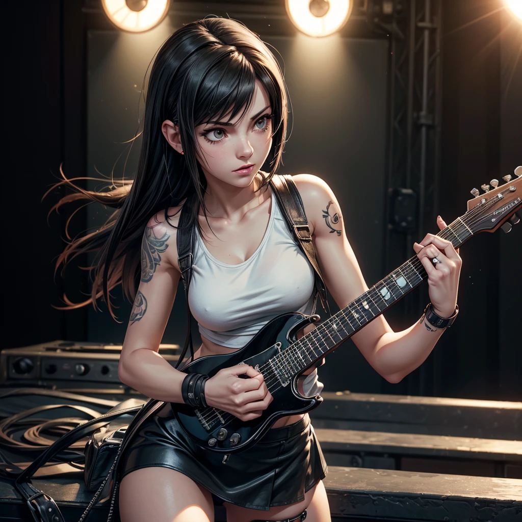 (Realisttic:1.2), analog photo style, (cute Tifa Lockhart, playing guitar), detailed face and eyes, best quality textures, punk style, leather skirt, tattoo on left shoulder, headphones, cinematic lighting, cgi, colored bob hair, perfect anatomy, in concert, hairshakes, great dinamic photo, great quality, Masterpiece, intricate steam body, rock'n'roll aesthetic, 16k quality, analog photo style, RAW photo