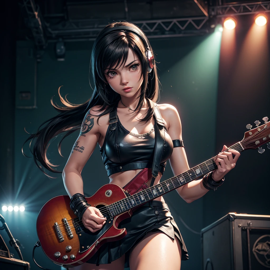 (Realisttic:1.2), analog photo style, (cute Tifa Lockhart, playing  guitar), detailed face and eyes, best quality textures, punk style, leather skirt, tattoo on left shoulder, headphones, cinematic lighting, cgi, colored bob hair, perfect , in concert, hairshakes, great dinamic photo, great quality, Masterpiece, intricate steam body, rock'n'roll  aesthetic, 16k quality, analog photo style, RAW photo