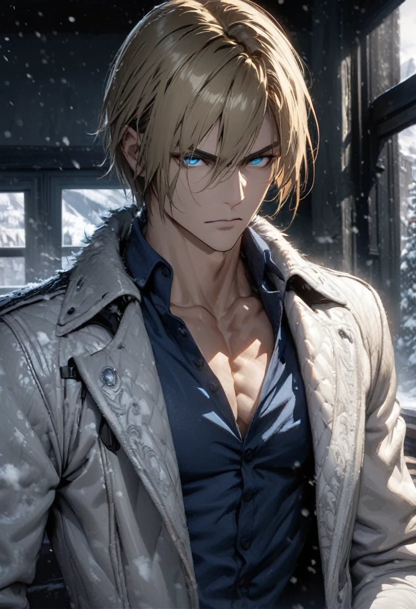 absurdities, High resolution, ultra detailed, HdR, masterpiece, Extremely detailed face and eyes, Leon Kennedy, medium blonde hair, disheveled, bushy eyebrows, serious, expressive blue eyes, resident evil 6, 1 man, elegant, white fur coat, blue winter sweater, toned chest, snowy background. Complete plan