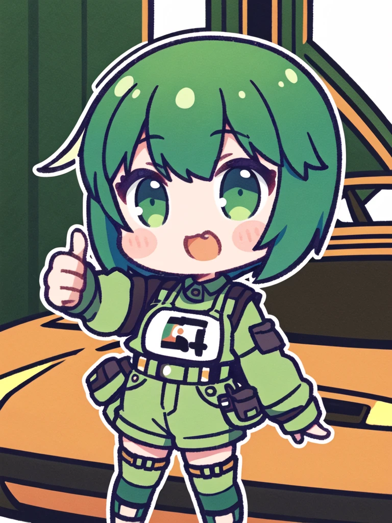 girl with short greenish hair giving a thumbs up to the camera automotive clothing