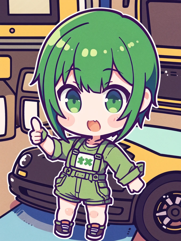 girl with short greenish hair giving a thumbs up to the camera automotive clothing