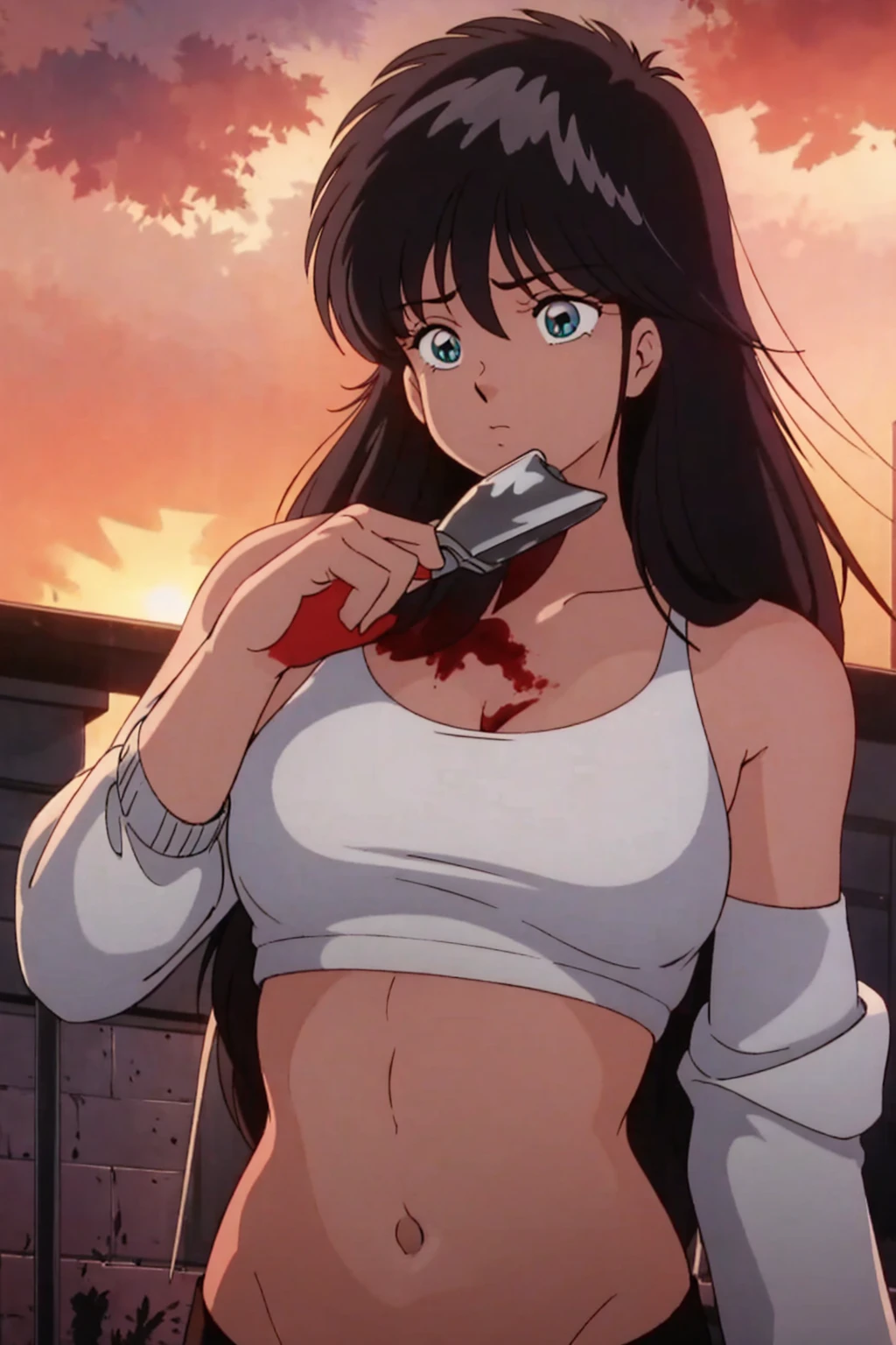 masterpiece, Highest quality, View your viewers, In-person audience, barefoot, One girl, alone, Upper Body, bow, Seraphim, Disgusted face, at night, heavy rain, Outdoor, city, Crop top, belly button, Wet clothes, drenched, overly too long sleeves, Put your hands in your sleeves, Tears of Blood, Bloodstain, Dark Alley, Blood splattered on the ground, Red bright light, Glowing Eyes, Depth of written boundary,Holding a knife,Red Sky, atmosphere,Perfect hands