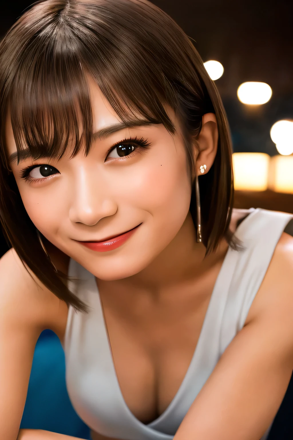 Highest quality. Tabletop, 8k, Best image quality, Award-winning works, One Girl,manatsu akimoto, Look at me and smile, clavicle, Accurate anatomy, Highly detailed face, Highly detailed eyes, Beautiful Eyes, Face close-up, Luxury Love Hotel, The most atmospheric and warm lighting, Blurred Background