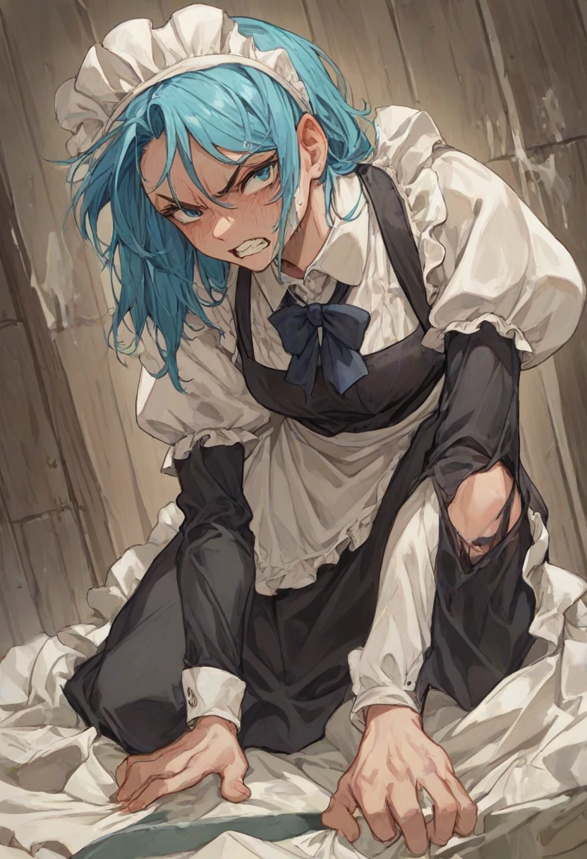 blue-haired maid angry because the house is messy