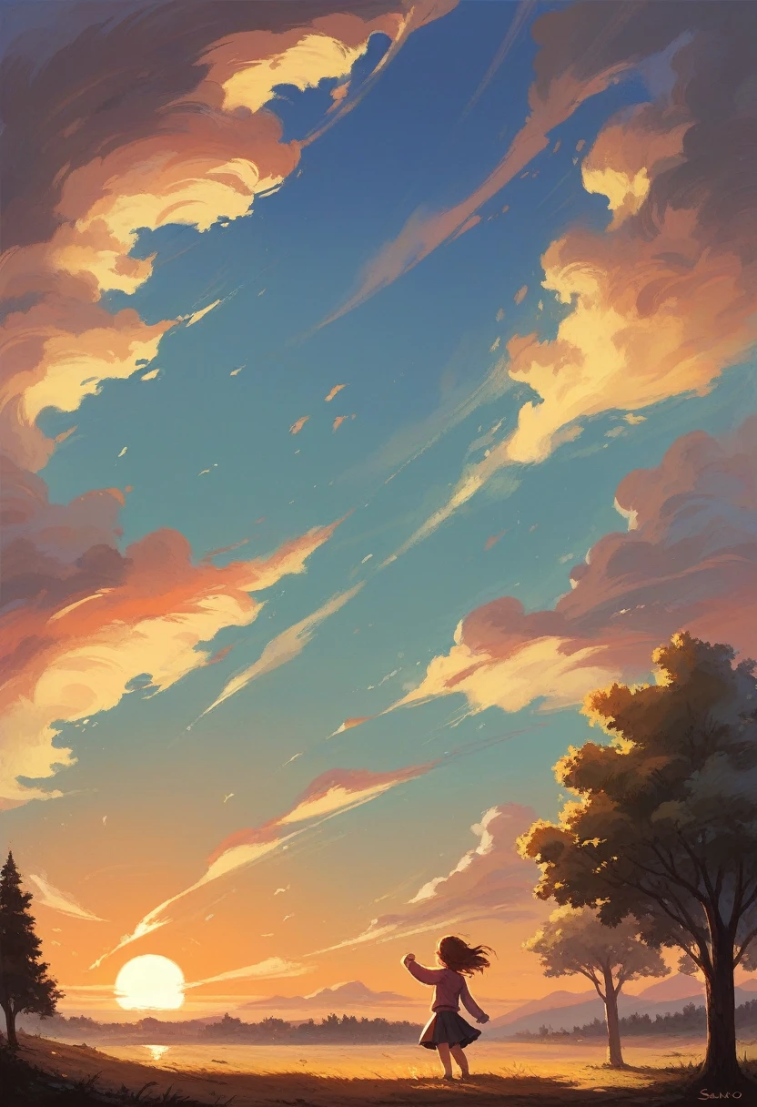 Sally Bellota, 1 girl, suno, tree, sky, outdoor, Skirt, cloud, Brown, hair, sunset, spring, flare, scenery, , sun, wind, long, sleeves, animal nose