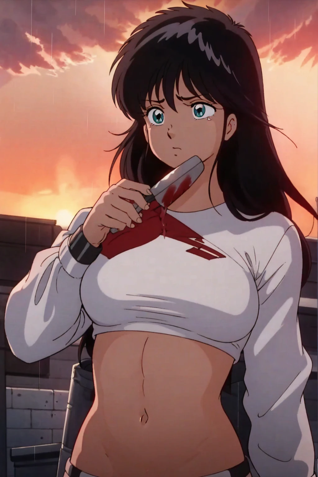masterpiece, Highest quality, View your viewers, In-person audience, barefoot, One girl, alone, Upper Body, bow, Seraphim, Disgusted face, at night, heavy rain, Outdoor, city, Crop top, belly button, Wet clothes, drenched, overly too long sleeves, Put your hands in your sleeves, Tears of Blood, Bloodstain, Dark Alley, Blood splattered on the ground, Red bright light, Glowing Eyes, Depth of written boundary,Holding a knife,Red Sky, atmosphere,Perfect hands