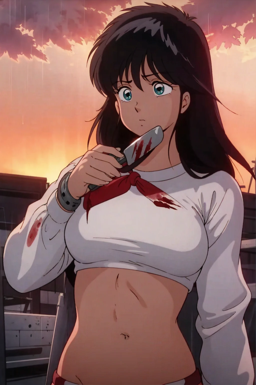 masterpiece, Highest quality, View your viewers, In-person audience, barefoot, One girl, alone, Upper Body, bow, Seraphim, Disgusted face, at night, heavy rain, Outdoor, city, Crop top, belly button, Wet clothes, drenched, overly too long sleeves, Put your hands in your sleeves, Tears of Blood, Bloodstain, Dark Alley, Blood splattered on the ground, Red bright light, Glowing Eyes, Depth of written boundary,Holding a knife,Red Sky, atmosphere,Perfect hands