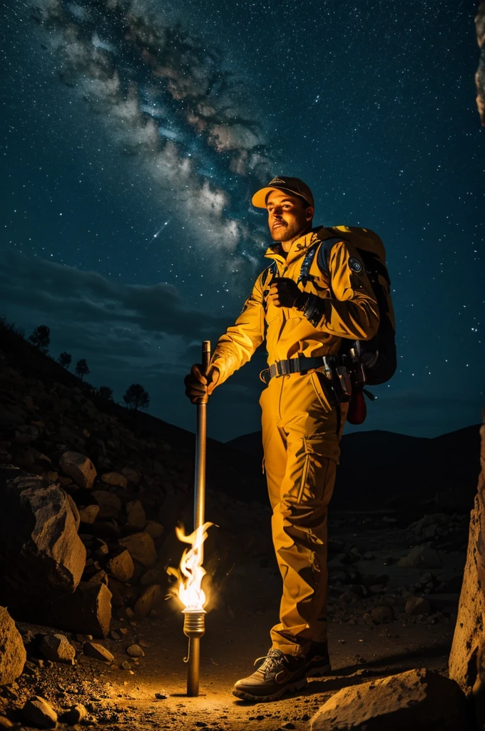 Surprised explorer with torch in hand
