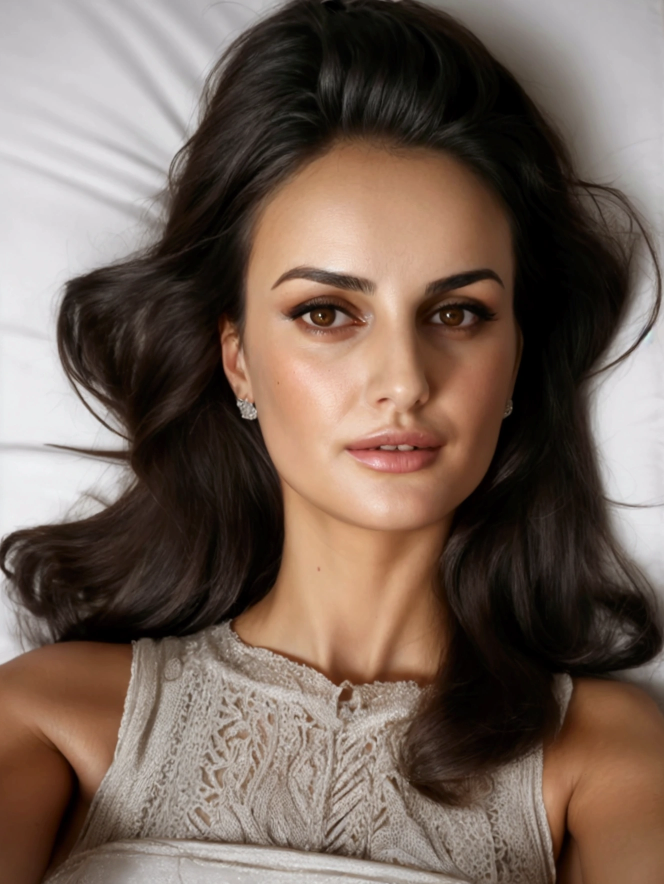 Araf woman in matching top and shorts, Penelope Cruz and Monica Bellucci portrait, cheveux bruns et grands yeux, selfie of a young woman alone in bed with long straight black hair, lying naked, realistic