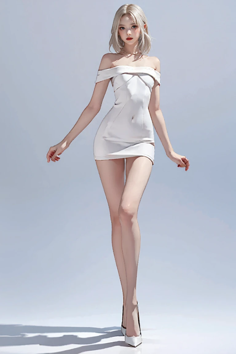 Master of animation, A perfect masterpiece, On a pure white background、Dressed in cool, sexy and modern clothes、Sexy mature modern woman standing, Flowing silver hair, Full Body Stand Posture, Thin legs, Straight chest, Detailed facial details, Natural and beautiful standing posture, Crisp and realistic body detail,NSFW