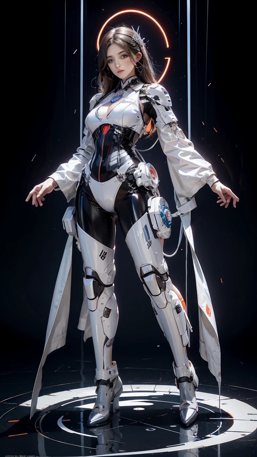((Full body photo, standing, feet on the floor)) realisticlying, A high resolution, a 1 womone, hip-up, droid, Mecha Maiden,mechanicalparts, droid joints,single mechanical arm, Hats, Mechanical Aura,star halo,Simple mechanical jumpsuit, mecha corset, Full A, White mecha body,White background, full body, standing