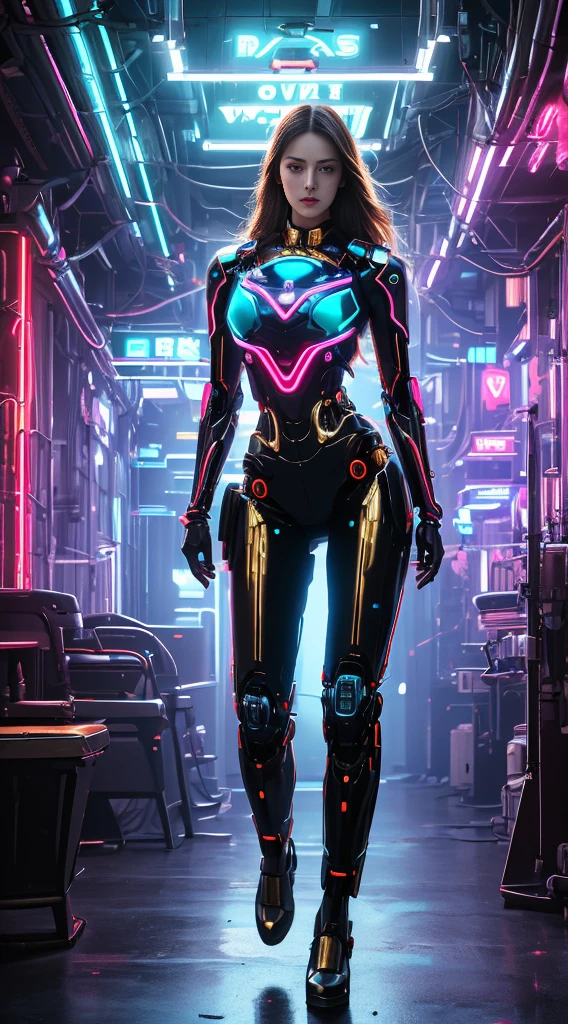 
Virtual image,Realistic 8K images,hips up,Masterpiece,Complete Anatomy,Complete dynamic composition,Light hits the front,young women police 2,alone,long hair brown gold,robot,complex machinery,Machines of the future world,Machinery with colorful neon lights,There is a bright neon light on the figure&#39;s chest.,Very bright,red machine metallic-white_ titeneim,orange_gold_metal,,,Abstract city background at night
