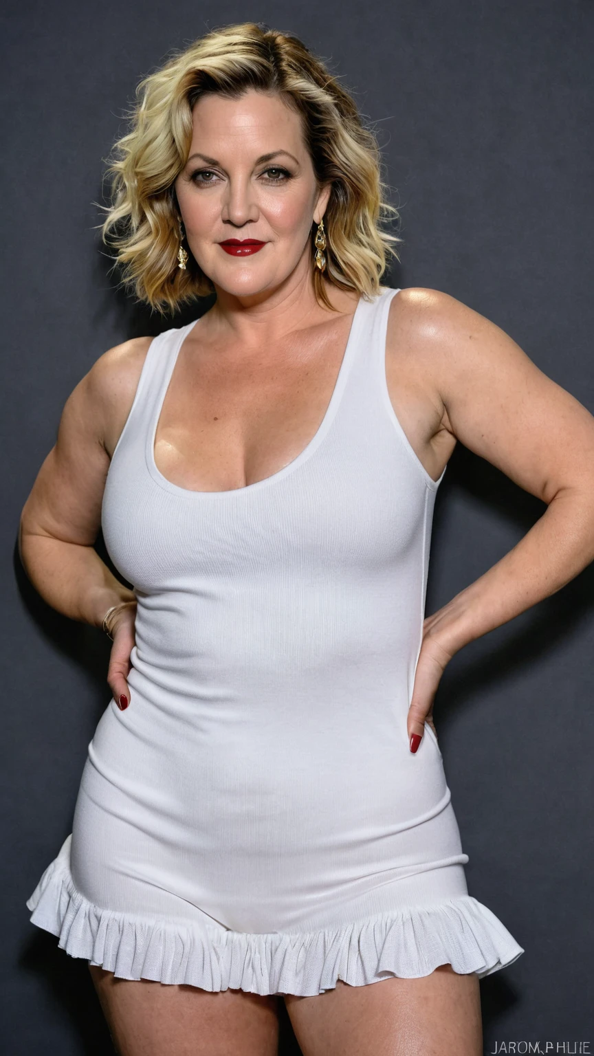 Looks like Drew Barrymore, extremely gorgeous, stunning beauty, sexiest milf, true milf, milf goddes, smokin' hot, mature lady, 50 years old Woman, sweat, sexy outfit, thick figure, bulky figure, heavy figure, fleshy body, fleshy arms, pawg beauty, thick ass, sensual dress, sexy tank top, ((Master piece, very realistic, best quality, highly detailed, Frontal view, DELICATE, PORTRAIT, WOMAN 50yo, AESTHETIC)) shallow depth of field, realism, photography, good proportions, narrow depth of field, tilt shift look, bokeh, anamorphic look, cinematic, dark and moody, ((a pale white complexion MODE with short WHITE color hair and bangs and smokey eye makeup, BLACK lips)), sweating body, wet skin, wearing black fashion designed by Rick Owens, a dark photograph by Tim Walker and Tom Hoops and Matt Mahurin, a dark liminal space, a desolate seedy hotel room with peeling wallpaper and black painted walls, symbolism, primordial fluids, uneasy feeling, dark occult imagery, melancholic ((very aesthetic))