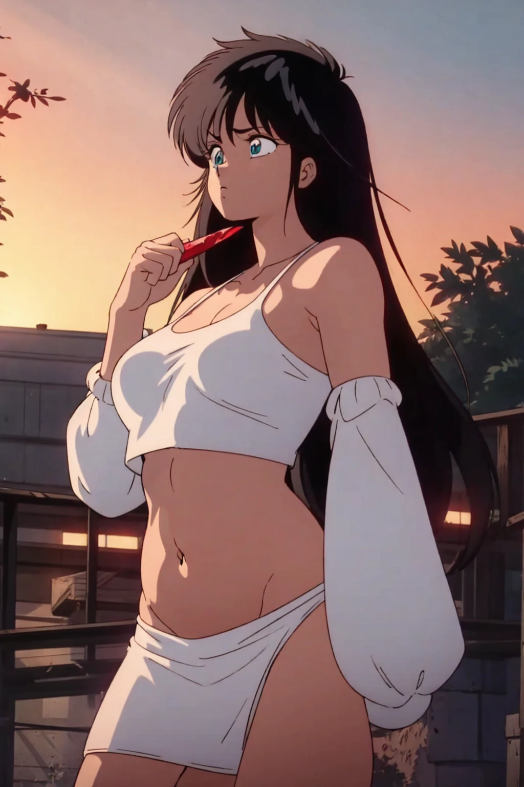 masterpiece, Highest quality, View your viewers, In-person audience, barefoot, One girl, alone, Upper Body, bow, Seraphim, Disgusted face, at night, heavy rain, Outdoor, city, Crop top, belly button, Wet clothes, drenched, overly too long sleeves, Put your hands in your sleeves, Tears of Blood, Bloodstain, Dark Alley, Blood splattered on the ground, Red bright light, Glowing Eyes, Depth of written boundary,Holding a knife,Red Sky, atmosphere,Perfect hands