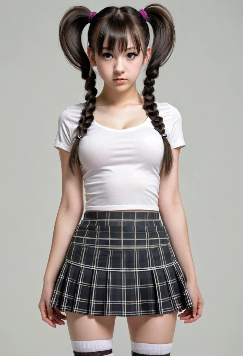 photo realistic full body 14 year old girl with pigtails dressed as a medium weight ,mini skirt,very short checked microskirt,corpse,very big busty,Stupid,ponytail,Wide hips,innocent face,shy,angelic,microfalda