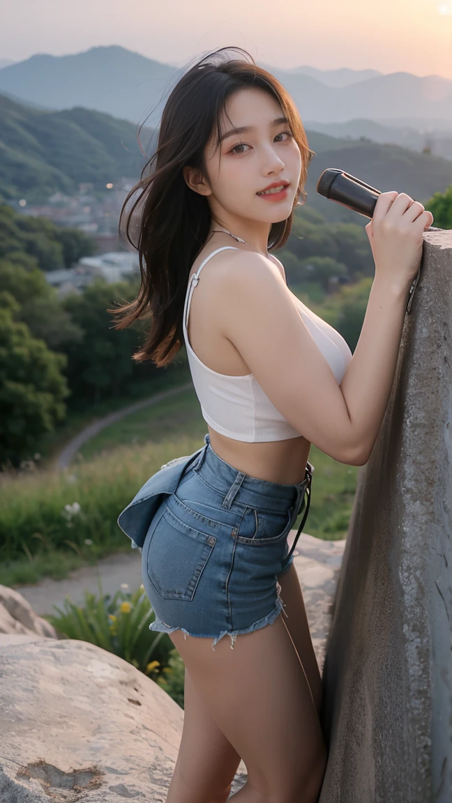 no, Ray Tracing, Radio City, Anisotropic filtration, 16,000, best quality, 1 woman, alone, mature, beautiful mountain climber, Shorts, hiking tank top, Gradient long hair, climbing equipment、laugh、sunset , big breasts、valley