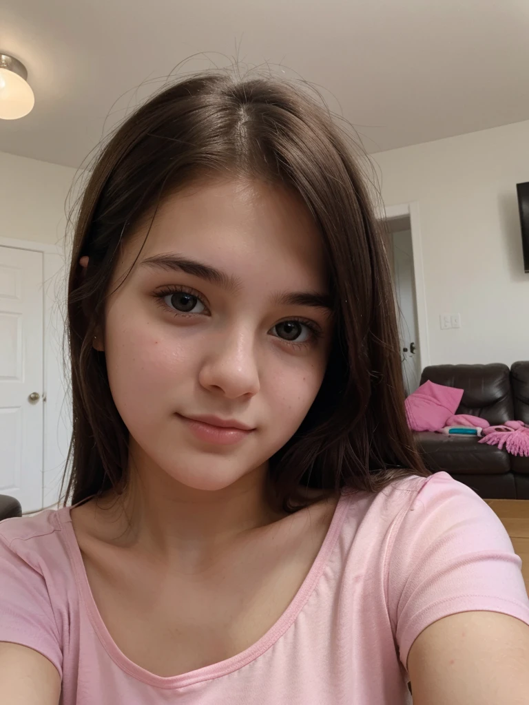 Selfie, Ultrarealistic, girl, pretty face, white skin, dark brown hair, wearing a pink tshirt, upper body, (selfy with front camera), in living room