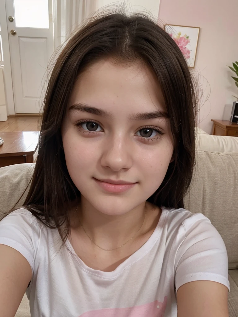 Selfie, Ultrarealistic, 17 year old teen girl, pretty face, white skin, dark brown hair, wearing a pink tshirt, upper body, (selfy with front camera), in living room