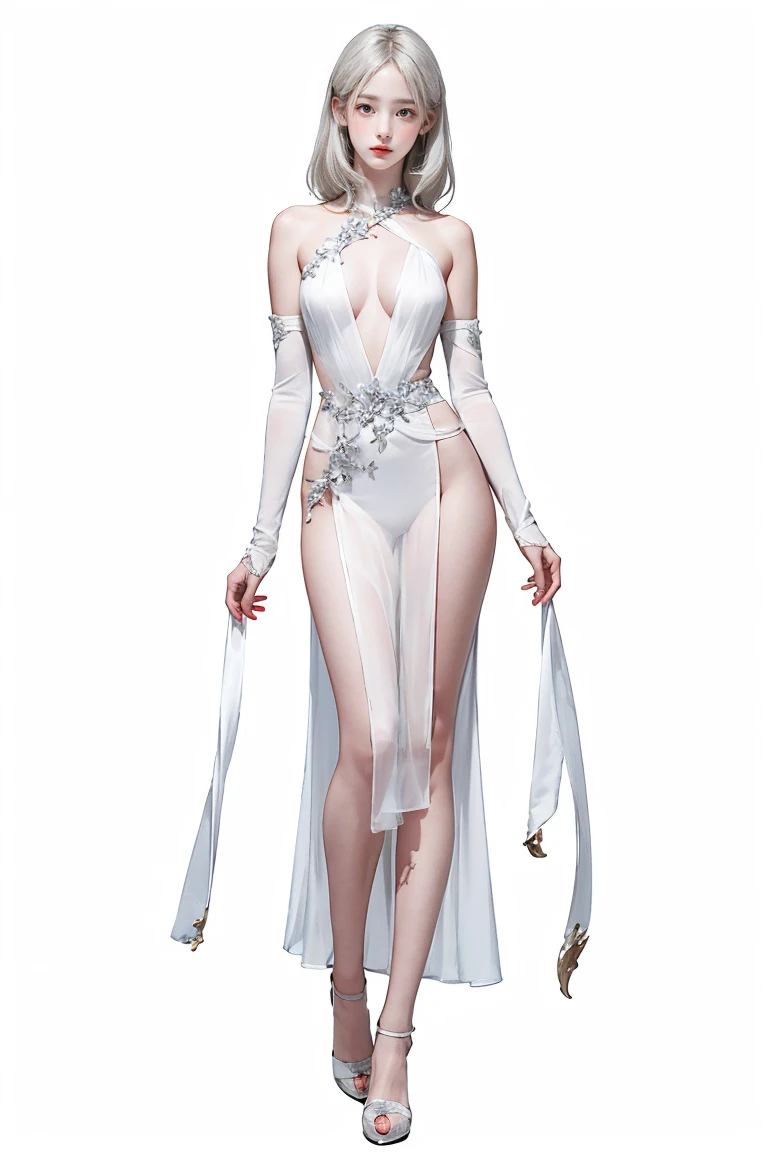 Masters of Animation, A perfect masterpiece, On a snow-white background、Cool Outfits, Sexy and modern clothing、Sexy mature modern woman standing, Flowing silver hair, Spanish Curly Hair, Full Body Stand Posture, Thin legs, ((Large Breasts)), Detailed facial details, Natural and beautiful standing posture, Crisp and realistic body detail,(Browsing Caution:0.9)