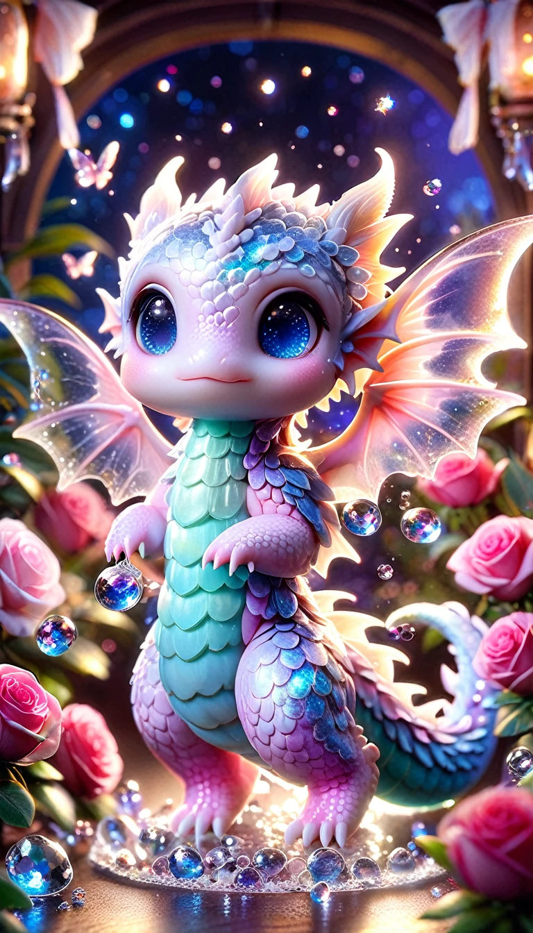 Super detailed, High resolution, High resolution, Absurd, Purple Dragon, Purple Dragon,Expressive blue eyes, Little Dragon, Cute Dragon,Transparent Wings,Glass, pink Sparkling butterflies, Pink Ice, petal, crystal, Glass, roses, water, cute, Sparkling, water辺, Fantasy, Magic,FantasyMagic背景, Shiny, The Shining,Starry Sky,moon